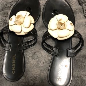 Chanel Black Camellia Slide Sandals